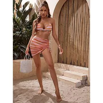 SweatyRocks Women's 3pack Allover Graphic Wrap Bikini Swimsuit & Beach Skirt Orange S