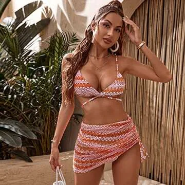 SweatyRocks Women's 3pack Allover Graphic Wrap Bikini Swimsuit & Beach Skirt Orange S