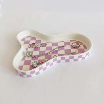 lemonadeus Decorative Trays Checker Ring Dish Ceramic Jewelry Tray Ring Holder Ceramic Checkerboard Pattern Jewelry Organizer Plate (Purple Checker)
