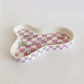 lemonadeus Decorative Trays Checker Ring Dish Ceramic Jewelry Tray Ring Holder Ceramic Checkerboard Pattern Jewelry Organizer Plate (Purple Checker)