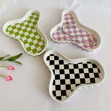 lemonadeus Decorative Trays Checker Ring Dish Ceramic Jewelry Tray Ring Holder Ceramic Checkerboard Pattern Jewelry Organizer Plate (Purple Checker)