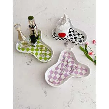 lemonadeus Decorative Trays Checker Ring Dish Ceramic Jewelry Tray Ring Holder Ceramic Checkerboard Pattern Jewelry Organizer Plate (Purple Checker)