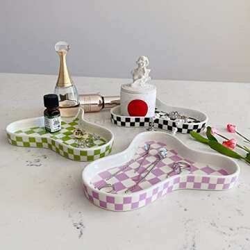 lemonadeus Decorative Trays Checker Ring Dish Ceramic Jewelry Tray Ring Holder Ceramic Checkerboard Pattern Jewelry Organizer Plate (Purple Checker)