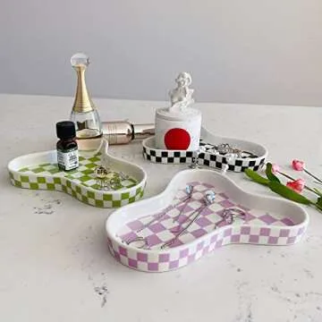 lemonadeus Decorative Trays Checker Ring Dish Ceramic Jewelry Tray Ring Holder Ceramic Checkerboard Pattern Jewelry Organizer Plate (Purple Checker)