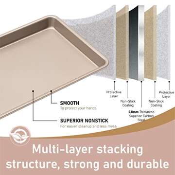 Bakestudio Baking Sheet for Oven, Cake Pan set of 2, Non-Stick Carbon Steel Rimmed Cookie Sheet Pan Roasting Meat Bread Jelly Roll Battenberg Pizzas Pastries, Gold (14.7 Inch)