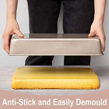 Bakestudio Baking Sheet for Oven, Cake Pan set of 2, Non-Stick Carbon Steel Rimmed Cookie Sheet Pan Roasting Meat Bread Jelly Roll Battenberg Pizzas Pastries, Gold (14.7 Inch)