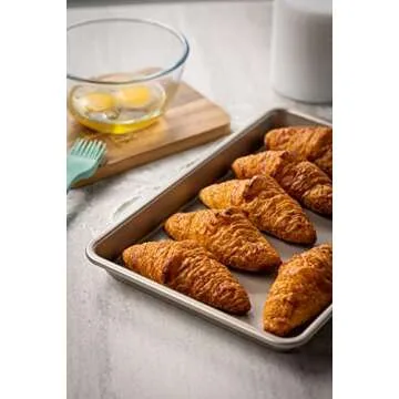 Bakestudio Baking Sheet for Oven, Cake Pan set of 2, Non-Stick Carbon Steel Rimmed Cookie Sheet Pan Roasting Meat Bread Jelly Roll Battenberg Pizzas Pastries, Gold (14.7 Inch)