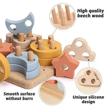 bopoobo Silicone Stacking Toys Montessori Toys for 1 to 3 Montessori Teether Toys for Toddler Early Educational Shape Color Recognition Stacker Shape Sorter Block Montessori