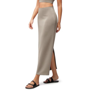 ODODOS Modal Soft Maxi Skirt for Women, Back Slit High Waist Casual Long Pencil Skirts, Khaki, Mediu...