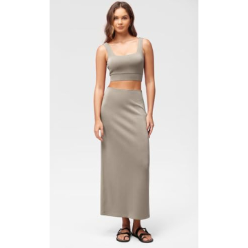 ODODOS Modal Soft Maxi Skirt for Women, Back Slit High Waist Casual Long Pencil Skirts, Khaki, Medium