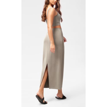 ODODOS Modal Soft Maxi Skirt for Women, Back Slit High Waist Casual Long Pencil Skirts, Khaki, Medium