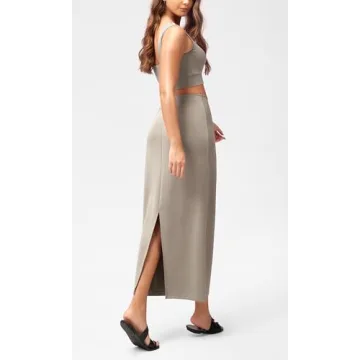 ODODOS Modal Soft Maxi Skirt for Women, Back Slit High Waist Casual Long Pencil Skirts, Khaki, Medium