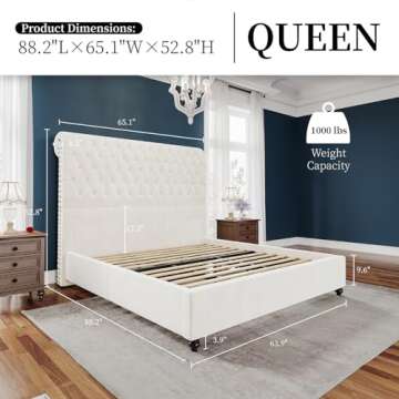 PaPaJet Bed Frame Queen Size Upholstered Platform Bed with 52.8'' Tall Sleigh Headboard, Button Tuft...