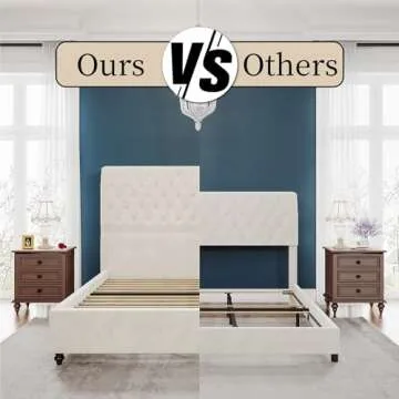 PaPaJet Bed Frame Queen Size Upholstered Platform Bed with 52.8'' Tall Sleigh Headboard, Button Tufted, No Box Spring Needed, Easy Assembly, Cream