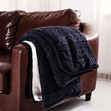 Longhui bedding Acrylic Cable Knit Sherpa Throw Blanket - Thick, Soft, Big, Cozy Navy Knitted Fleece Blankets for Couch, Sofa, Bed - Large 60 x 80 Inches Navy Blue Coverlet, 5.2 Pounds