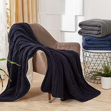 Longhui bedding Acrylic Cable Knit Sherpa Throw Blanket - Thick, Soft, Big, Cozy Navy Knitted Fleece Blankets for Couch, Sofa, Bed - Large 60 x 80 Inches Navy Blue Coverlet, 5.2 Pounds