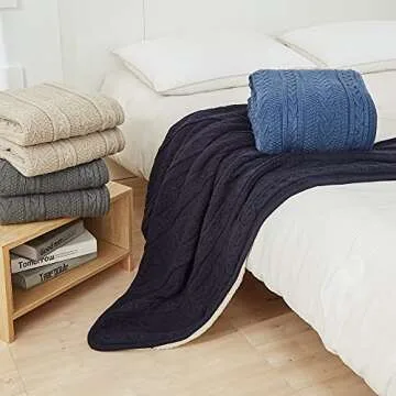 Longhui bedding Acrylic Cable Knit Sherpa Throw Blanket - Thick, Soft, Big, Cozy Navy Knitted Fleece Blankets for Couch, Sofa, Bed - Large 60 x 80 Inches Navy Blue Coverlet, 5.2 Pounds