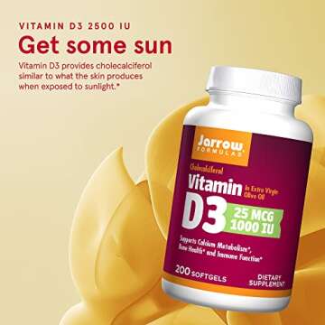 Jarrow Formulas® Vitamin D3 25 mcg, Dietary Supplement, Bone and Joint, Support for Immune Health and Calcium Metabolism, 200 Softgels, 200 Day Supply