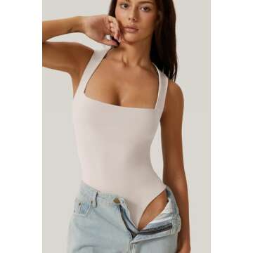 QINSEN Women's Square Neck Sleeveless T Shirt Tank Top Seamless Tummy Control Bodysuits Beige M