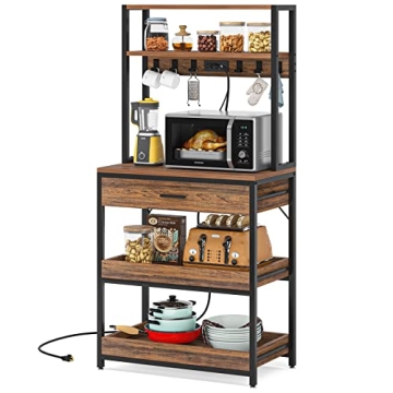 LITTLE TREE Kitchen Baker’s Rack with Power Outlets | 5-Tier Microwave Stand & Drawers