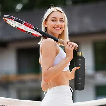 SHAPEX - Time Marked Cute Water Bottles For Women And Men With Times To Drink, BPA Free Frosted & Aesthetic Water Bottle With Time Marker, Clear Water Bottle 1 Liter | 32 Oz (Black)