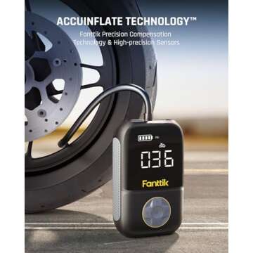 Fanttik X8 Portable Tire Inflator, Lightweight for Motorcycle tire, Cordless Air Compressor Pump, Rechargeable Battery, 150PSI with Digital Screen and LED for E-Bike, Bicycle, Car