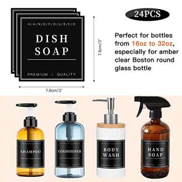 24PCS Waterproof Labels for Glass or Plastic Bottles, Bathroom Hand Soap Shampoo Dispenser Label Sti...