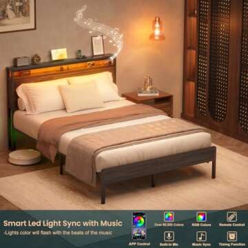 Homieasy Full Size Bed Frame with Charging Station and Led Lights, Industrial Metal Platform Bed with Storage Headboard, Steel Slat Support, No Box Spring Needed, Noise-Free, Black Oak