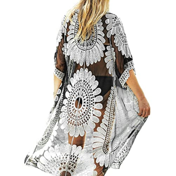 CUPSHE Women's Lace Mesh Sheer Embroidered Cardigan Floral Bathing Suit Cover Up, Black