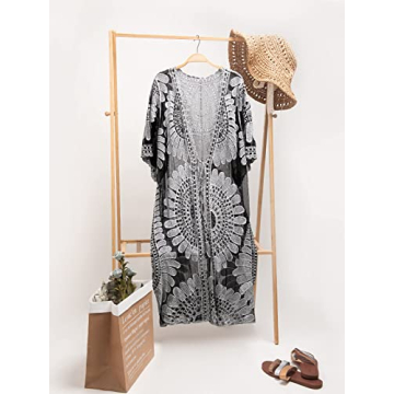 CUPSHE Women's Lace Mesh Sheer Embroidered Cardigan Floral Bathing Suit Cover Up, Black