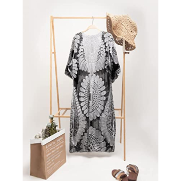 CUPSHE Women's Lace Mesh Sheer Embroidered Cardigan Floral Bathing Suit Cover Up, Black