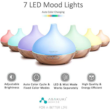 ASAKUKI 300ML Premium, Essential Oil Diffuser, Quiet 5-in-1 Humidifier, Natural Home Fragrance Diffuser with 7 LED Color Changing Light and Easy to Use