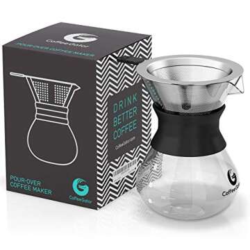 Coffee Gator Pour Over Coffee Maker - 10.5 oz Paperless, Portable, Drip Coffee Brewer Pour Over Set w/Glass Carafe & Stainless-Steel Mesh Filter, 300ml Black