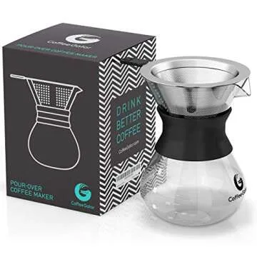 Coffee Gator Pour Over Coffee Maker - 10.5 oz Paperless, Portable, Drip Coffee Brewer Pour Over Set w/Glass Carafe & Stainless-Steel Mesh Filter, 300ml Black