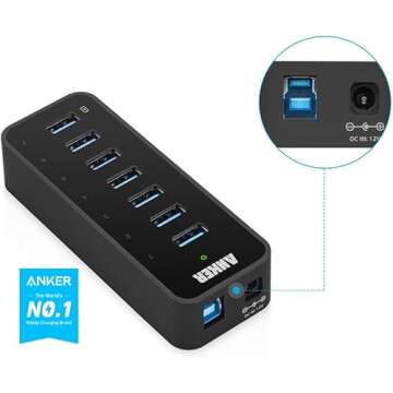 Anker 7-Port USB 3.0 Data Hub with 36W Power Adapter and BC 1.2 Charging Port for iPhone 7/6s Plus, iPad Air 2, Galaxy S Series, Note Series, Mac, PC, USB Flash Drives and More