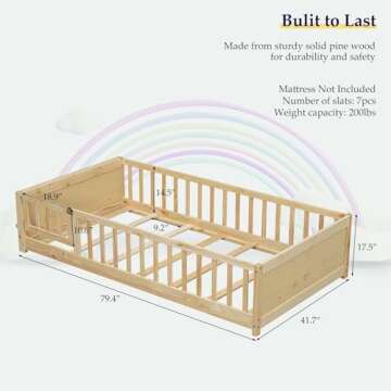 Tatub Twin Floor Bed for Kids with Slats, Solid Wood Montessori Bed with Built-in Book Storage Rack ...