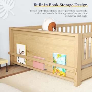 Tatub Twin Floor Bed for Kids with Slats, Solid Wood Montessori Bed with Built-in Book Storage Rack and Door, Nature