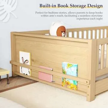 Tatub Twin Floor Bed for Kids with Slats, Solid Wood Montessori Bed with Built-in Book Storage Rack and Door, Nature