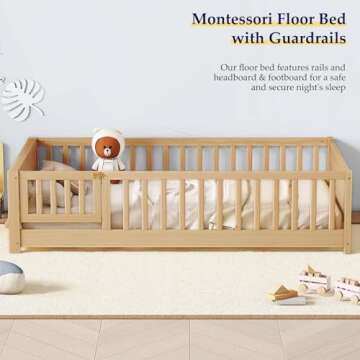 Tatub Twin Floor Bed for Kids with Slats, Solid Wood Montessori Bed with Built-in Book Storage Rack and Door, Nature