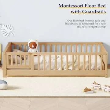 Tatub Twin Floor Bed for Kids with Slats, Solid Wood Montessori Bed with Built-in Book Storage Rack and Door, Nature