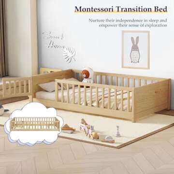 Tatub Twin Floor Bed for Kids with Slats, Solid Wood Montessori Bed with Built-in Book Storage Rack and Door, Nature