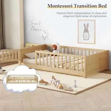 Tatub Twin Floor Bed for Kids with Slats, Solid Wood Montessori Bed with Built-in Book Storage Rack and Door, Nature