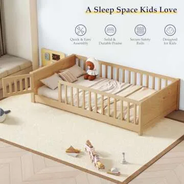 Tatub Twin Floor Bed for Kids with Slats, Solid Wood Montessori Bed with Built-in Book Storage Rack and Door, Nature