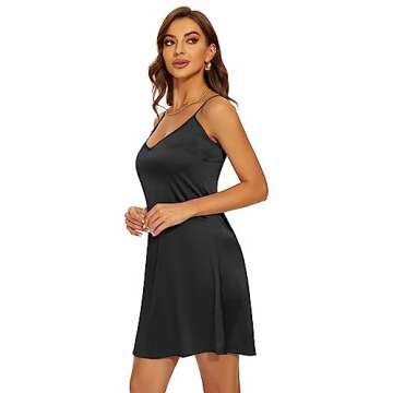 Miqieer Women Lingerie Satin Chemise Nightgown Sexy Full Slips Sleepwear (V-Black,Small)