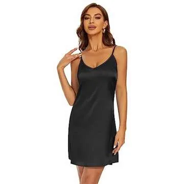 Miqieer Women Lingerie Satin Chemise Nightgown Sexy Full Slips Sleepwear (V-Black,Small)