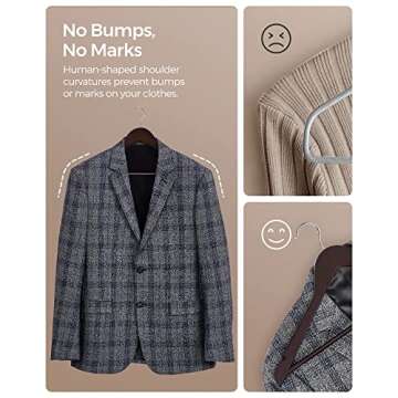 SONGMICS Wooden Hangers, 20-Pack Wood Coat Hangers with Shoulder Notches, Swivel Hook, Non-Slip for Jackets, Shirts, Suits, Brown and Silver UCRW05K-20