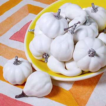 Package of 16 Mini Assorted Harvest White Artificial Pumpkin and Gourds Fall Wedding Thanksgiving Halloween Seasonal Holiday Tabletop Decoration Centerpiece