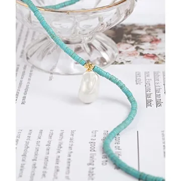 Turquoise Beaded Choker with Irregular Pearl Pendant for Women