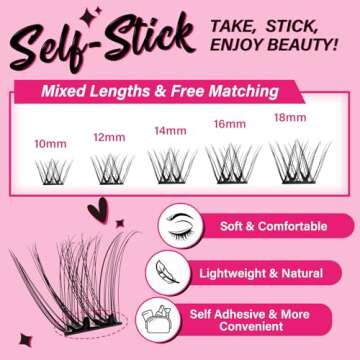 Self Adhesive Eyelashes 48Pcs Lash Clusters Press On Lashes Self Stick Cluster Lashes Pre Glued Eyelash Clusters No Glue No Remover Needed Easy to Apply Save Time (Begonia,D-10-18mix)