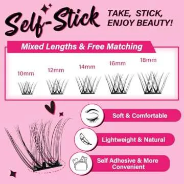 Self Adhesive Eyelashes 48Pcs Lash Clusters Press On Lashes Self Stick Cluster Lashes Pre Glued Eyelash Clusters No Glue No Remover Needed Easy to Apply Save Time (Begonia,D-10-18mix)